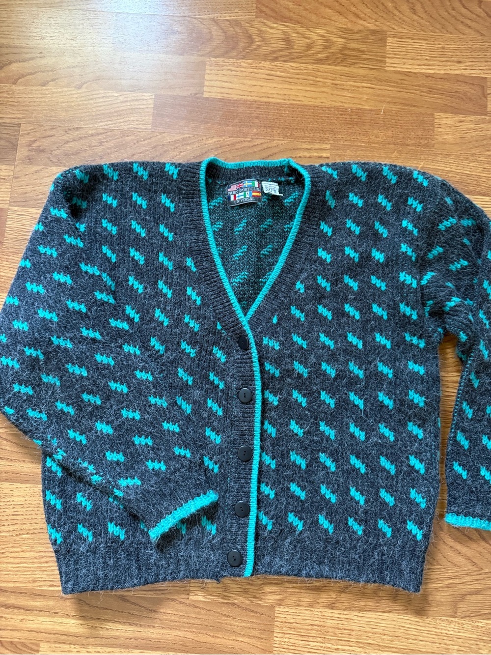 Vintage Paris Sports Club V-Neck Teal Blue Cardigan Shaggy Sweater